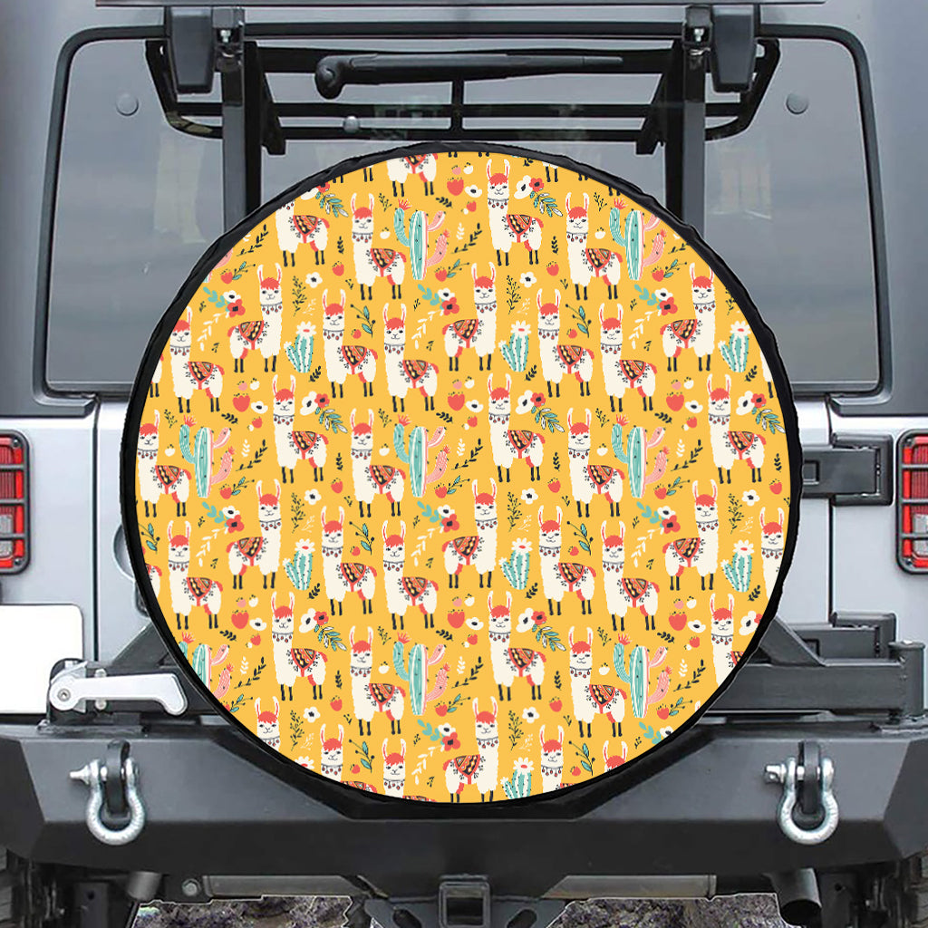 Yellow Llama Pattern Print Leather Spare Tire Cover