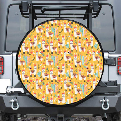 Yellow Llama Pattern Print Leather Spare Tire Cover