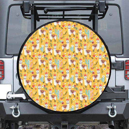Yellow Llama Pattern Print Leather Spare Tire Cover
