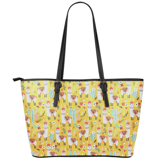 Yellow Llama Pattern Print Leather Tote Bag