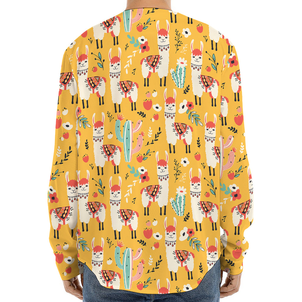 Yellow Llama Pattern Print Long Sleeve Baseball Jersey