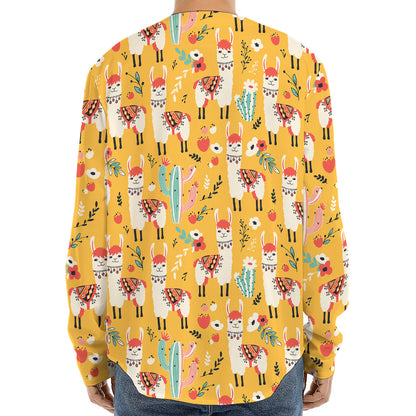 Yellow Llama Pattern Print Long Sleeve Baseball Jersey