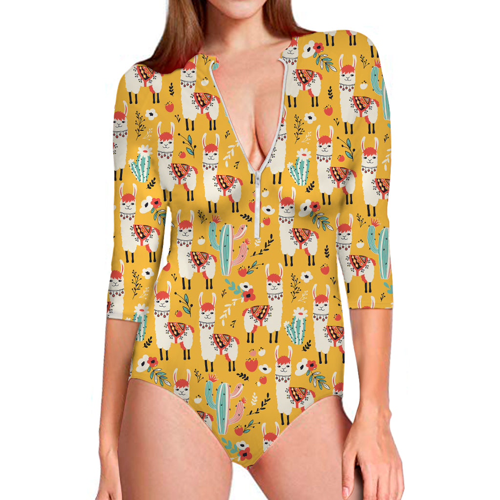 Yellow Llama Pattern Print Long Sleeve Swimsuit