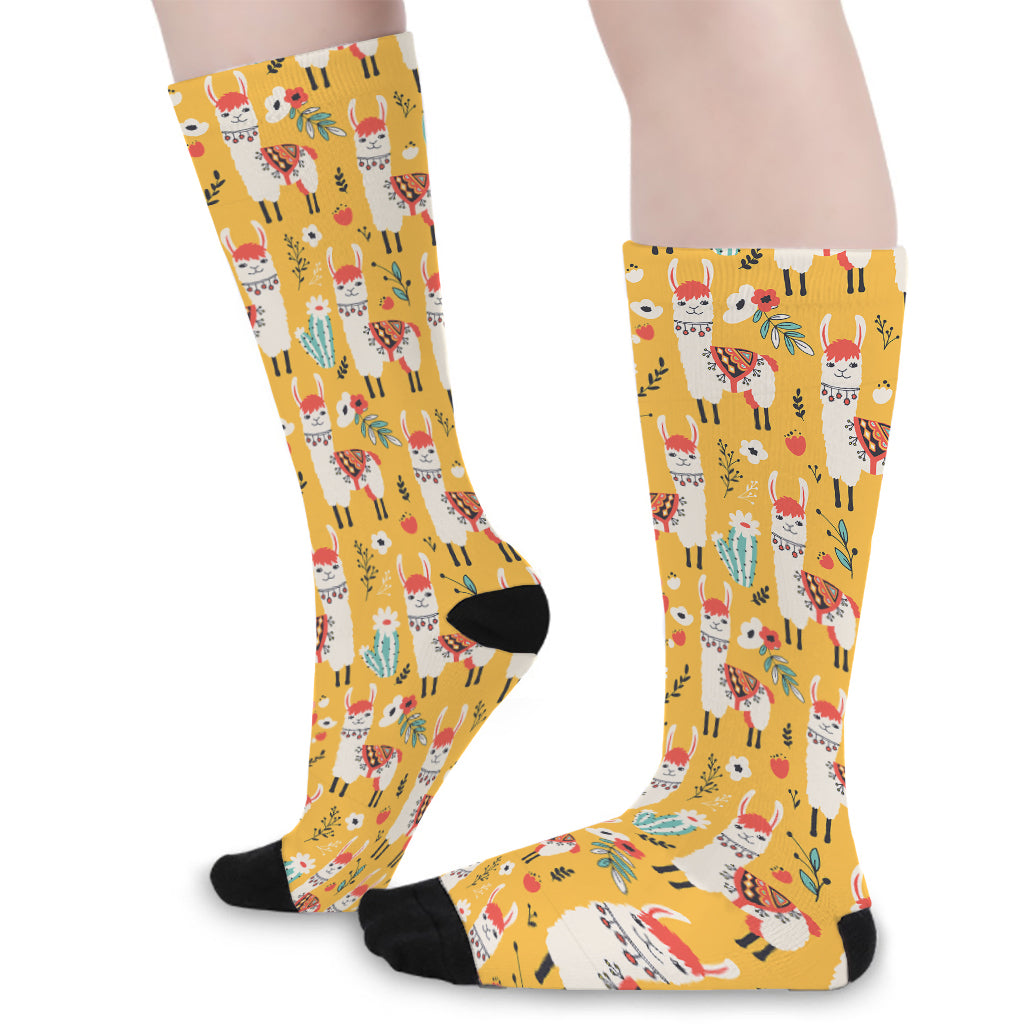 Yellow Llama Pattern Print Long Socks