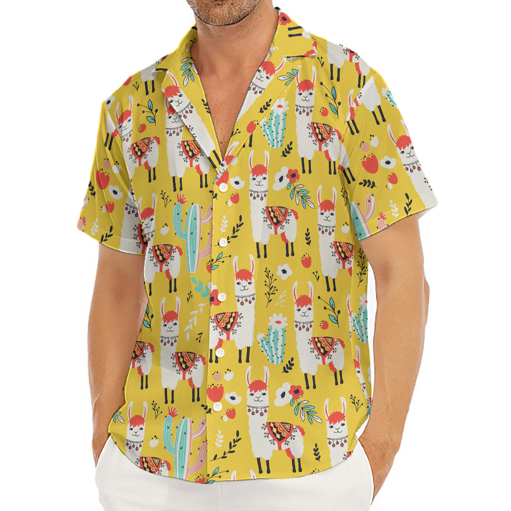 Yellow Llama Pattern Print Men's Deep V-Neck Shirt