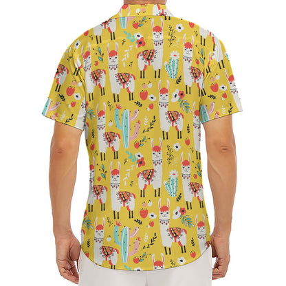 Yellow Llama Pattern Print Men's Deep V-Neck Shirt