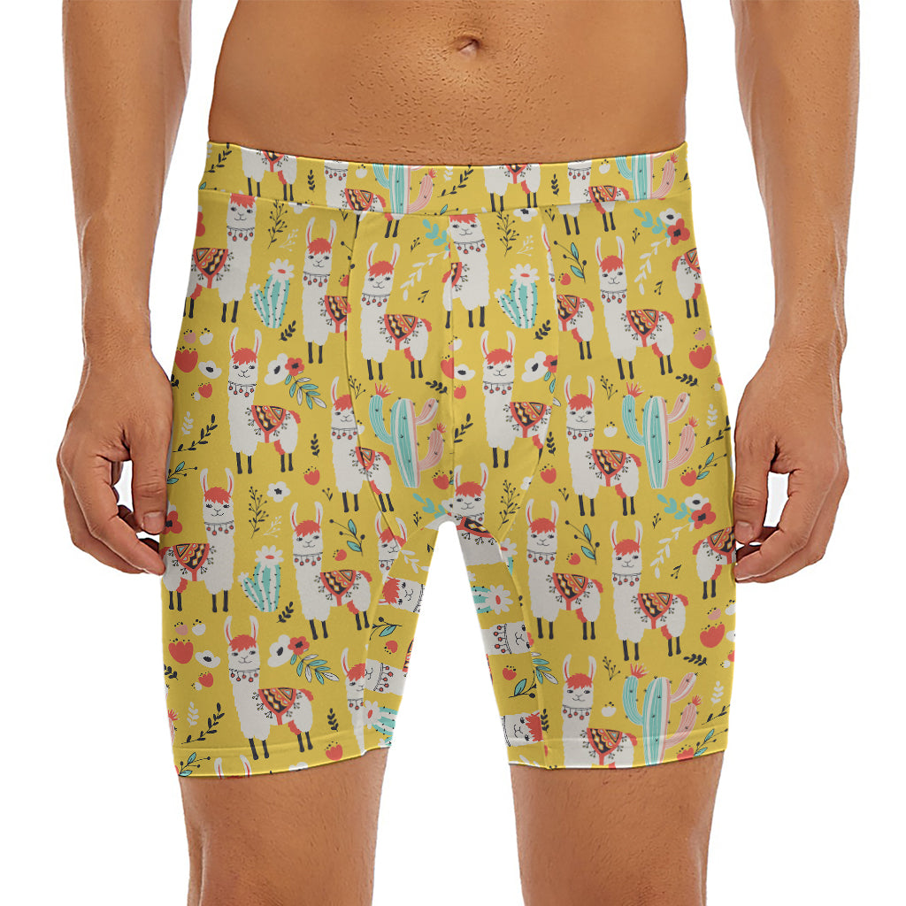 Yellow Llama Pattern Print Men's Long Boxer Briefs