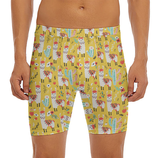 Yellow Llama Pattern Print Men's Long Boxer Briefs
