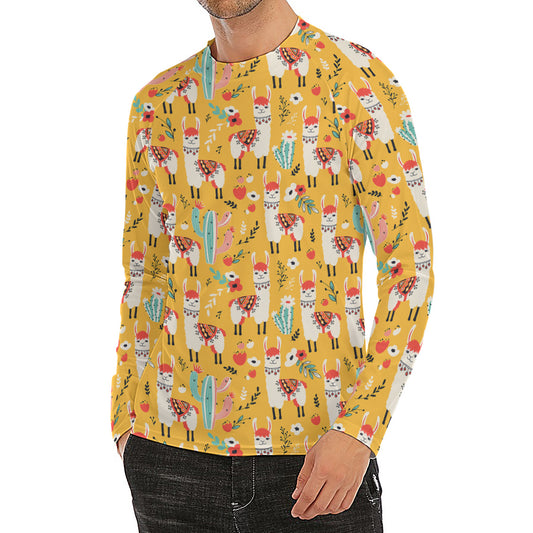 Yellow Llama Pattern Print Men's Long Sleeve Rash Guard