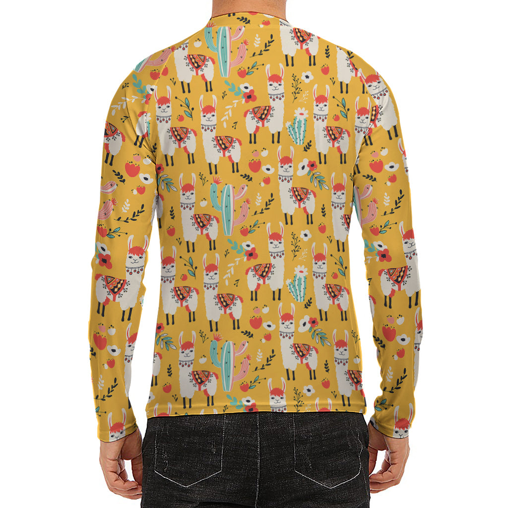 Yellow Llama Pattern Print Men's Long Sleeve Rash Guard