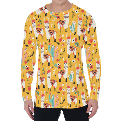 Yellow Llama Pattern Print Men's Long Sleeve T-Shirt