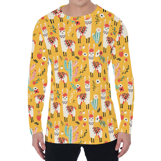 Yellow Llama Pattern Print Men's Long Sleeve T-Shirt