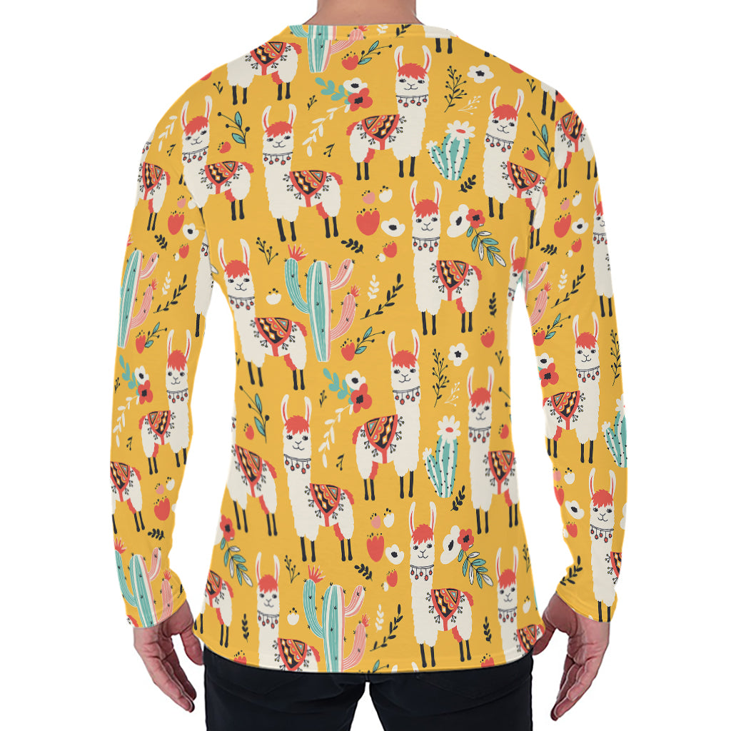Yellow Llama Pattern Print Men's Long Sleeve T-Shirt