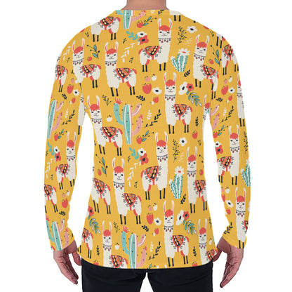 Yellow Llama Pattern Print Men's Long Sleeve T-Shirt