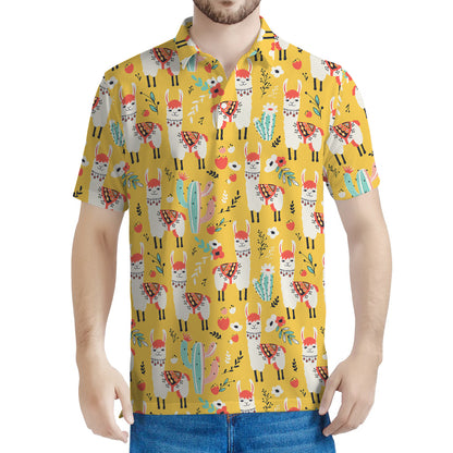 Yellow Llama Pattern Print Men's Polo Shirt