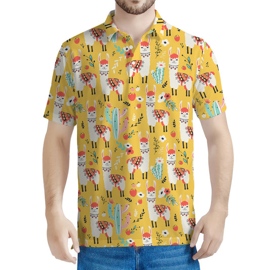 Yellow Llama Pattern Print Men's Polo Shirt