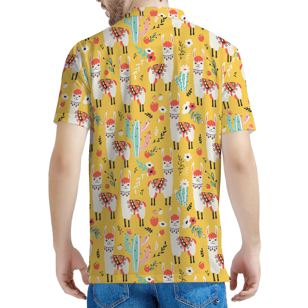 Yellow Llama Pattern Print Men's Polo Shirt
