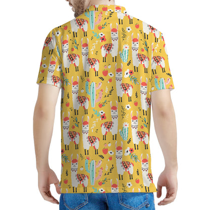 Yellow Llama Pattern Print Men's Polo Shirt