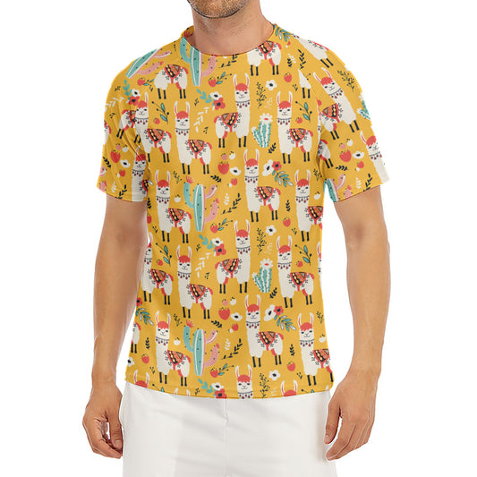 Yellow Llama Pattern Print Men's Short Sleeve Rash Guard