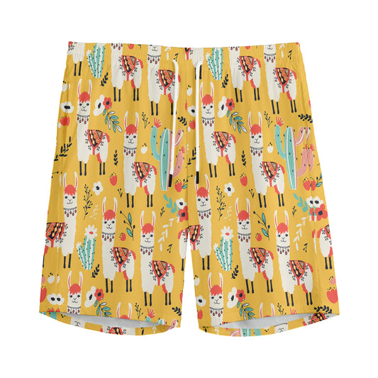 Yellow Llama Pattern Print Men's Sports Shorts