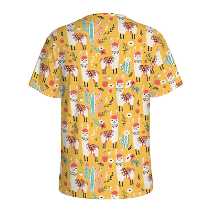 Yellow Llama Pattern Print Men's Sports T-Shirt