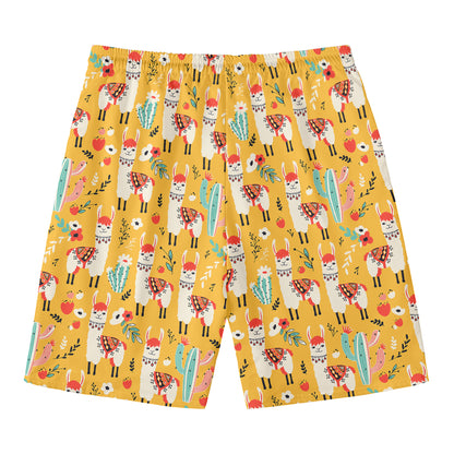Yellow Llama Pattern Print Men's Swim Trunks