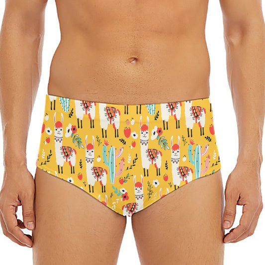 Yellow Llama Pattern Print Men's Triangle Swim Briefs