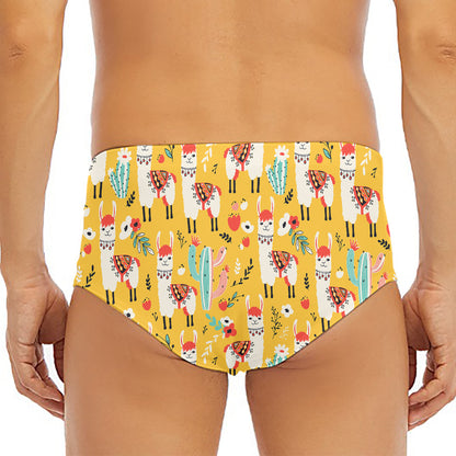 Yellow Llama Pattern Print Men's Triangle Swim Briefs