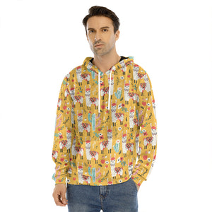 Yellow Llama Pattern Print Men's Velvet Pullover Hoodie