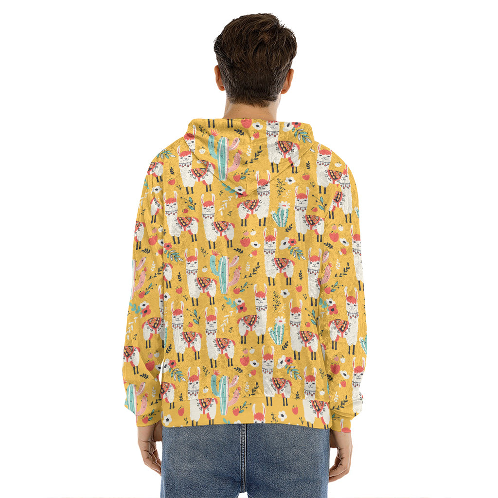 Yellow Llama Pattern Print Men's Velvet Pullover Hoodie