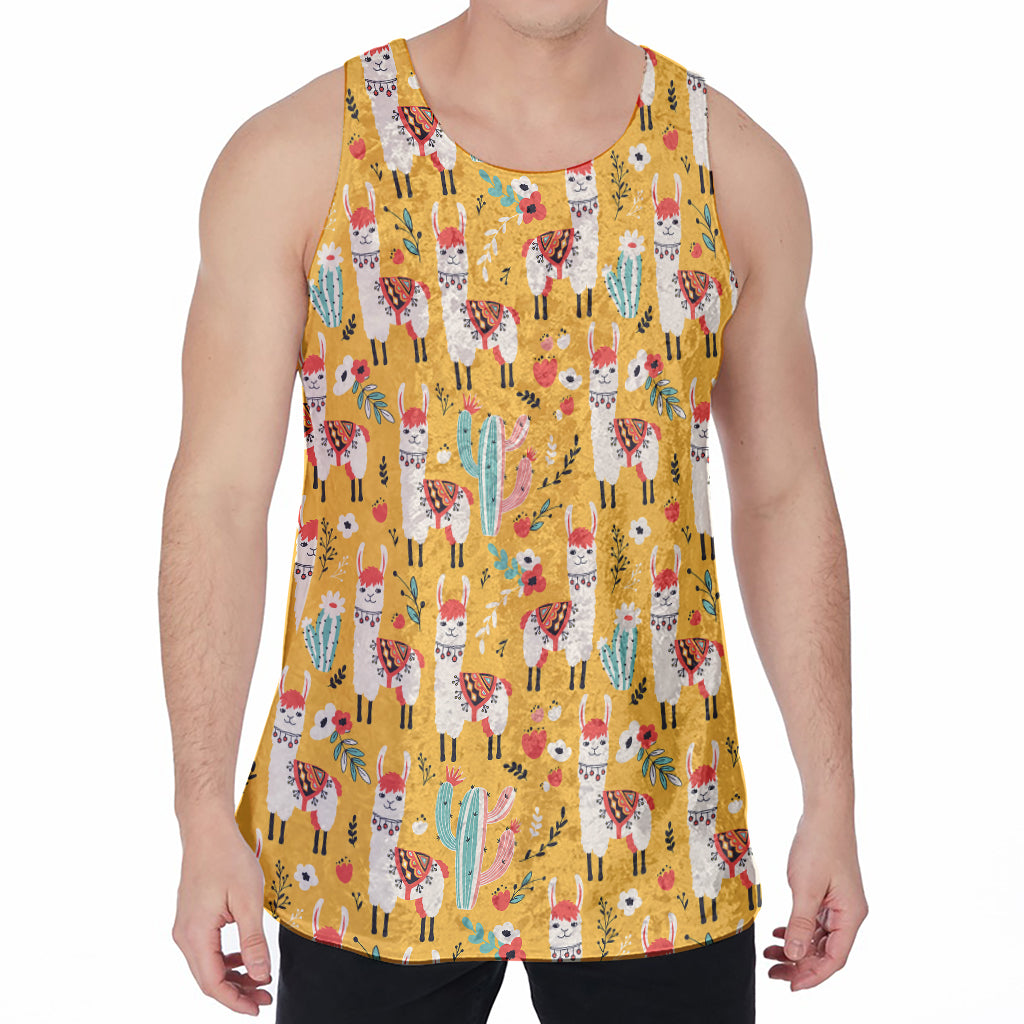 Yellow Llama Pattern Print Men's Velvet Tank Top