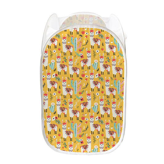 Yellow Llama Pattern Print Mesh Laundry Hamper