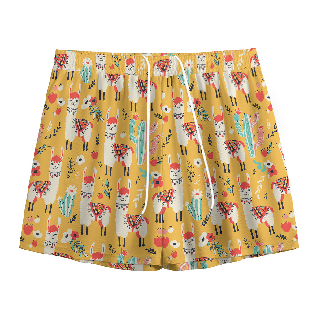 Yellow Llama Pattern Print Mesh Shorts