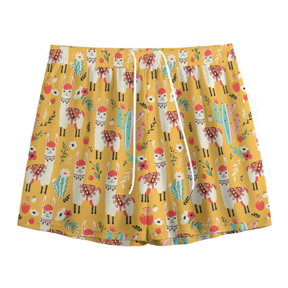 Yellow Llama Pattern Print Mesh Shorts