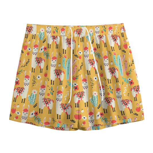 Yellow Llama Pattern Print Mesh Shorts