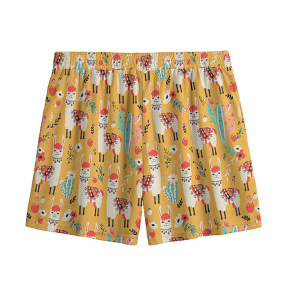Yellow Llama Pattern Print Mesh Shorts