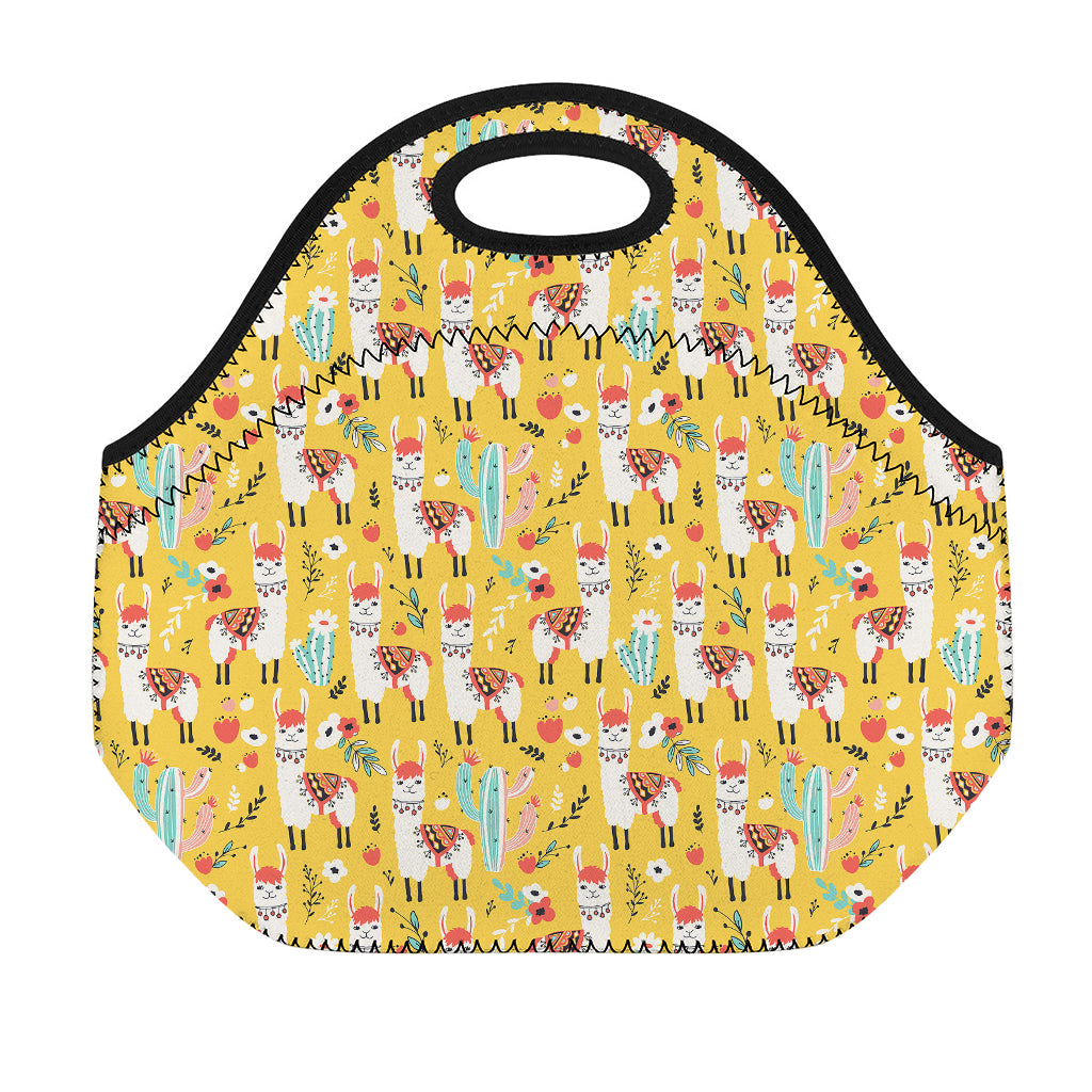 Yellow Llama Pattern Print Neoprene Lunch Bag