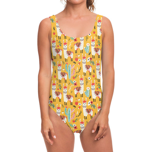 Yellow Llama Pattern Print One Piece Swimsuit