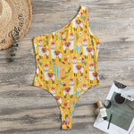 Yellow Llama Pattern Print One Shoulder Bodysuit
