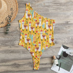 Yellow Llama Pattern Print One Shoulder Bodysuit