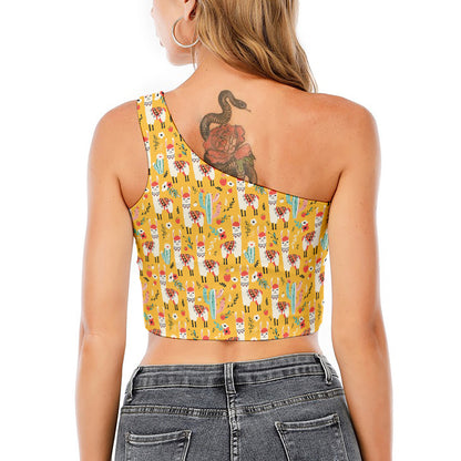 Yellow Llama Pattern Print One Shoulder Crop Top