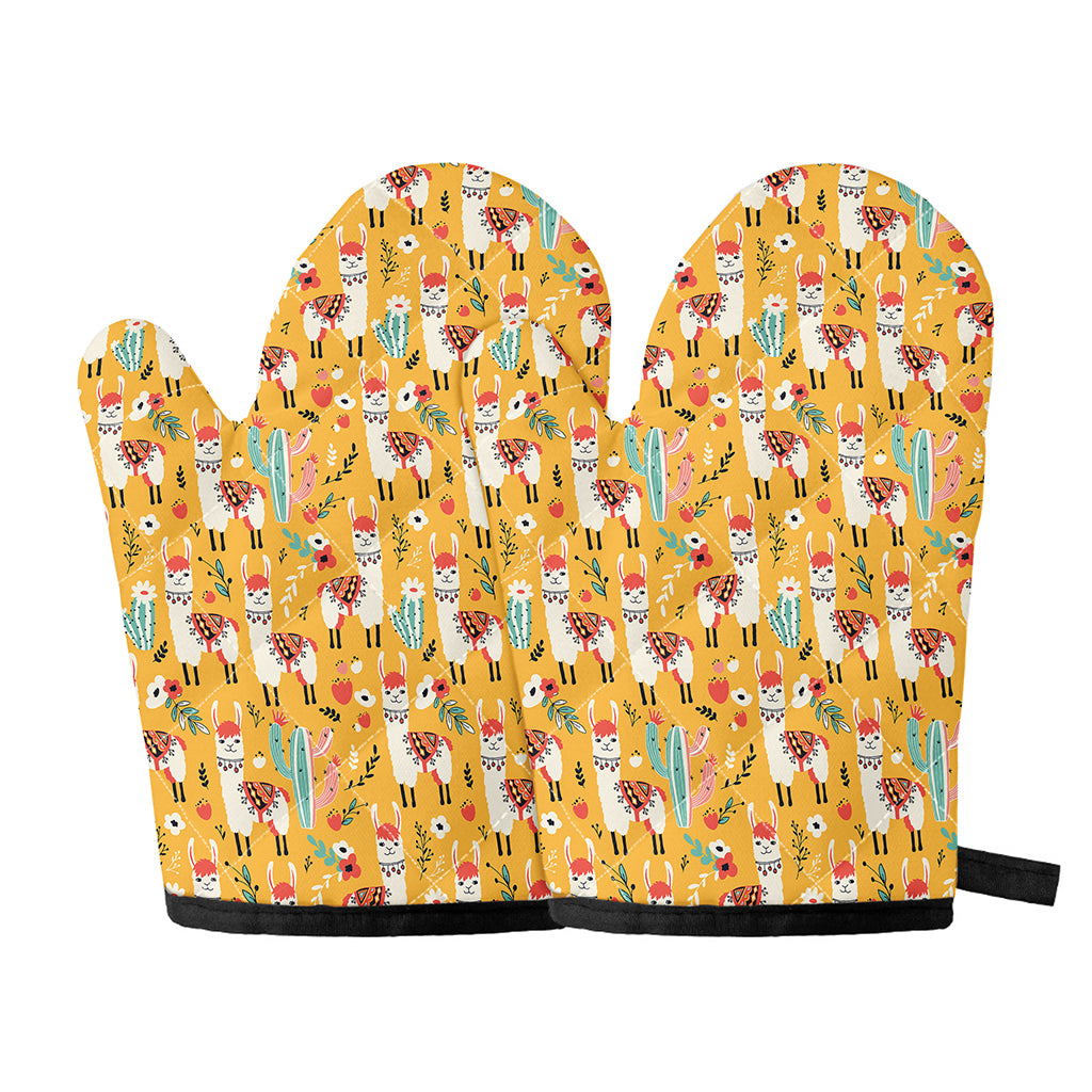 Yellow Llama Pattern Print Oven Mitts