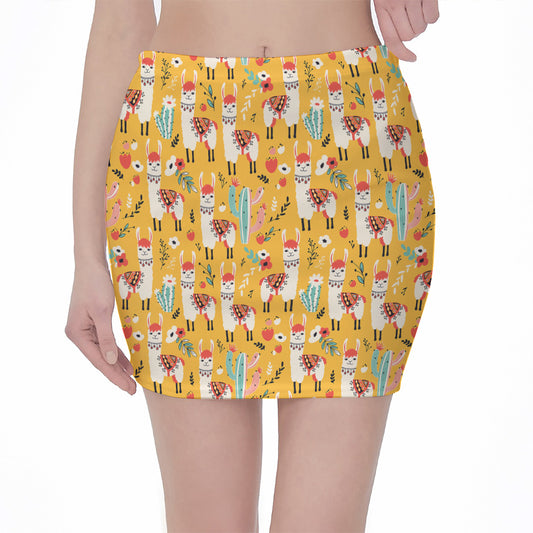 Yellow Llama Pattern Print Pencil Mini Skirt