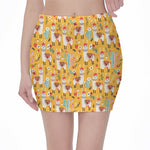 Yellow Llama Pattern Print Pencil Mini Skirt