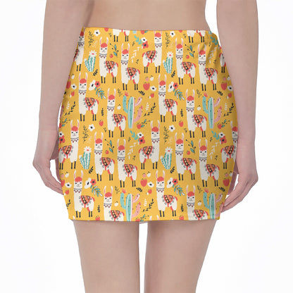 Yellow Llama Pattern Print Pencil Mini Skirt