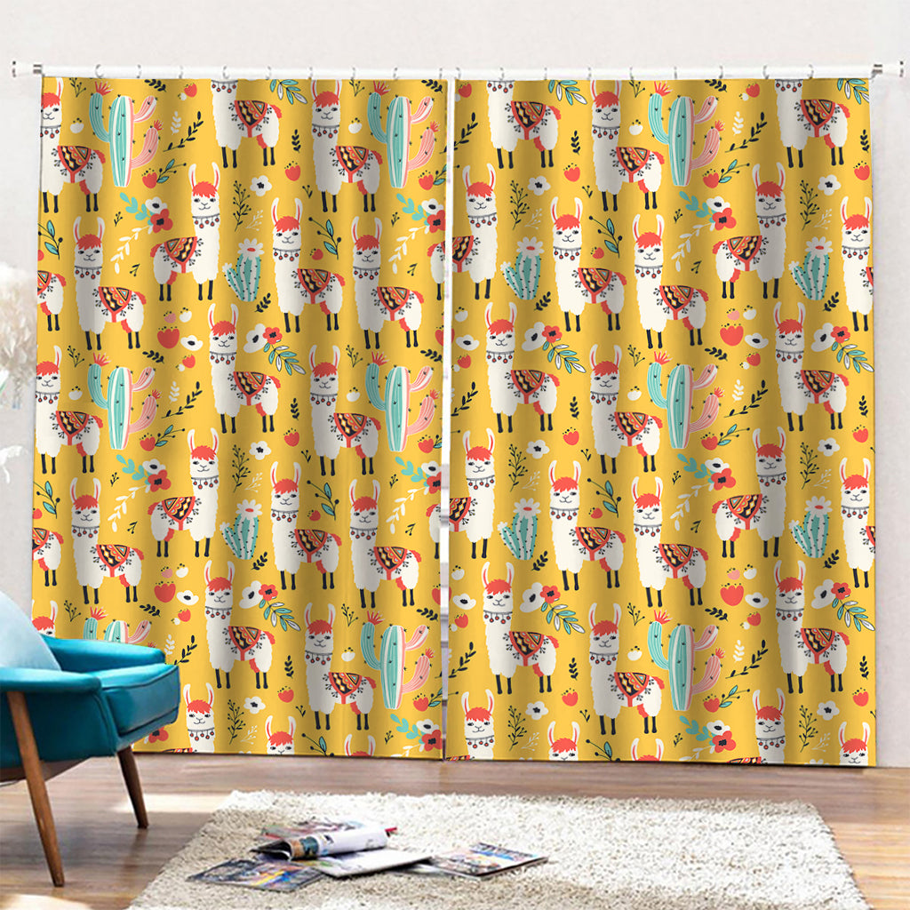 Yellow Llama Pattern Print Pencil Pleat Curtains