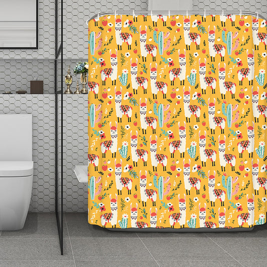 Yellow Llama Pattern Print Polyester Shower Curtain