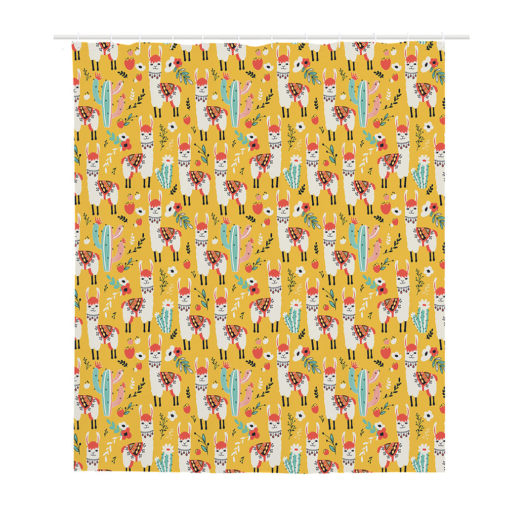 Yellow Llama Pattern Print Polyester Shower Curtain
