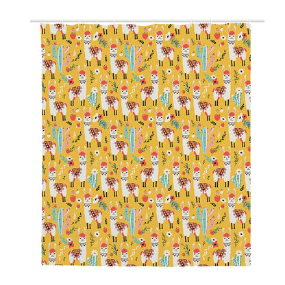 Yellow Llama Pattern Print Polyester Shower Curtain