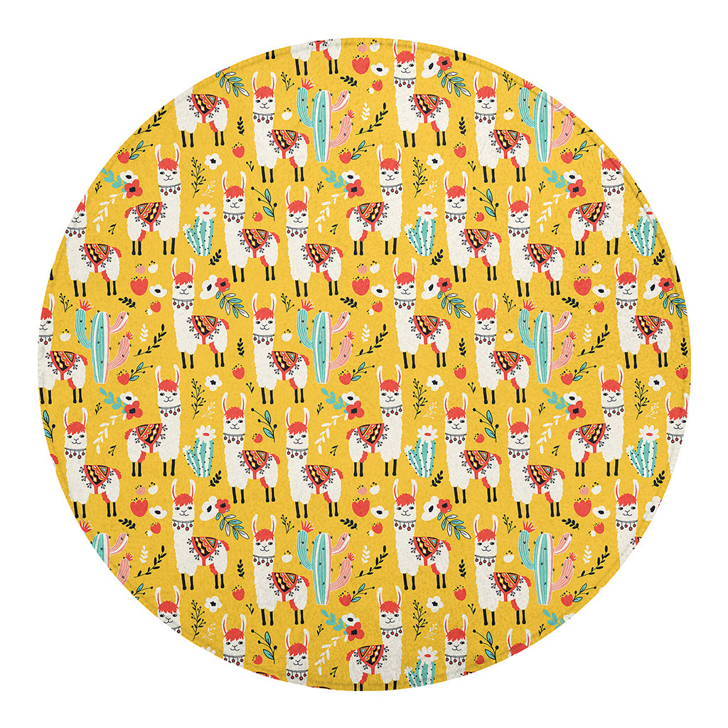 Yellow Llama Pattern Print Round Blanket